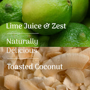 Lime juice and zest with toasted coconut, text overlay on a green lime background.