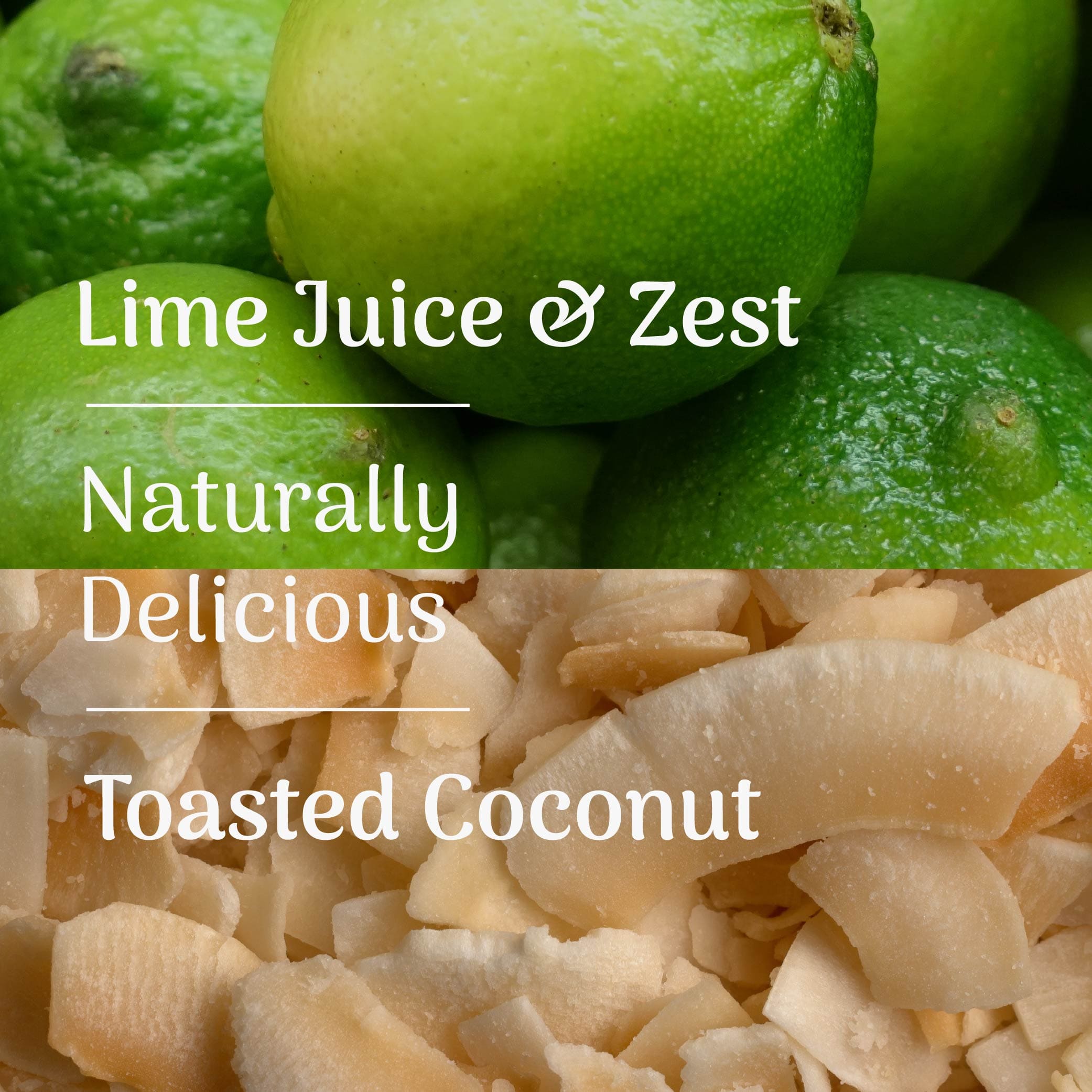 Lime juice and zest with toasted coconut, text overlay on a green lime background.