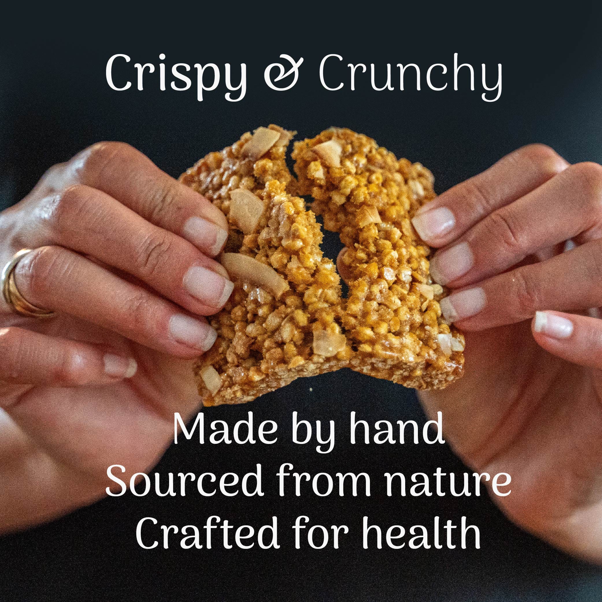 Hands holding a lime and coconut protein bar with text about its origin and health benefits.