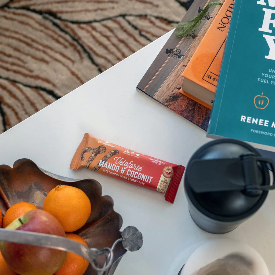 Veloforte Mango and Coconut Oat Bar on a table