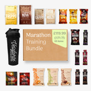 Marathon Training Bundle with protein bars and shaker bottle on a white background