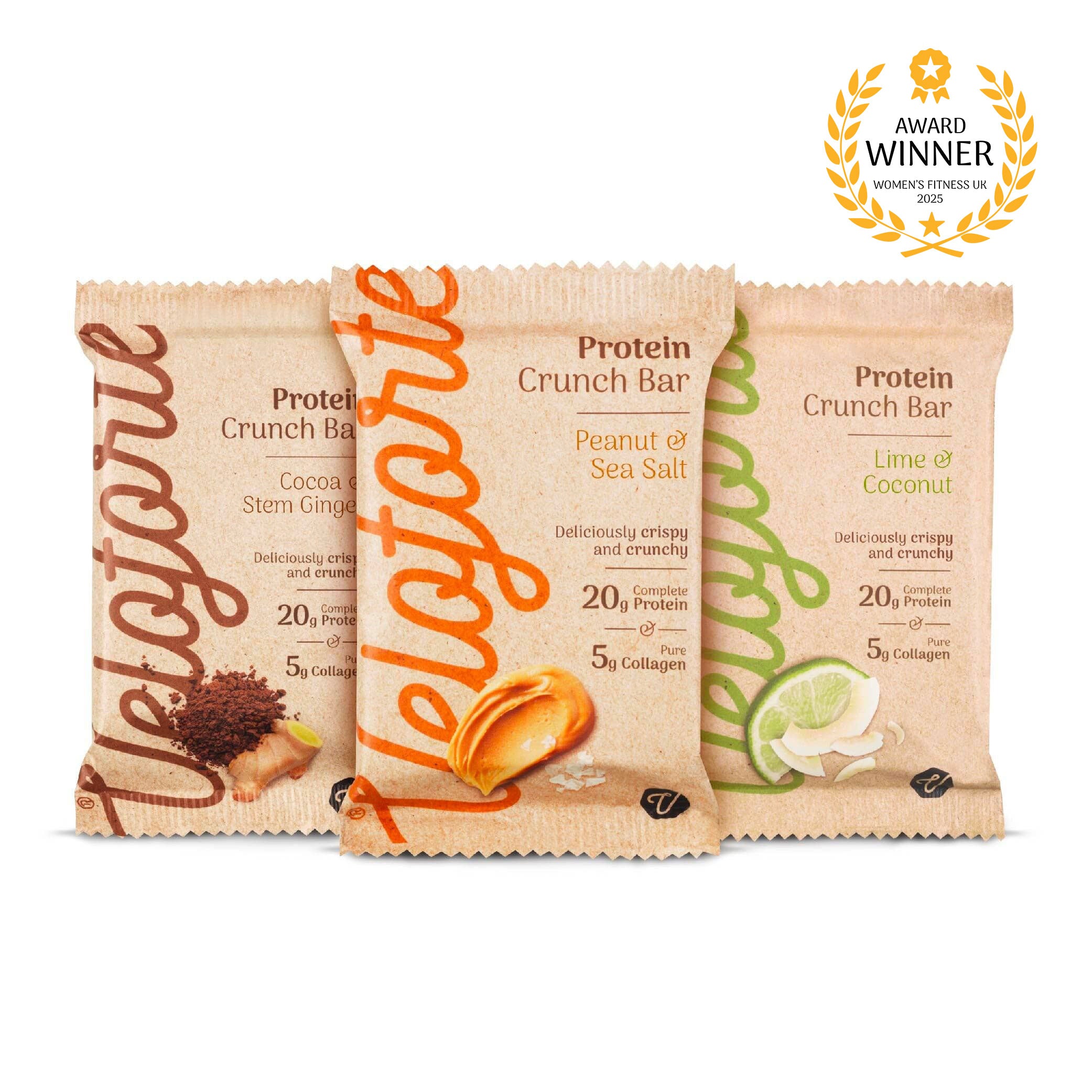 Three Veloforte protein crunch bar packages with different flavours on a white background, featuring an award badge.