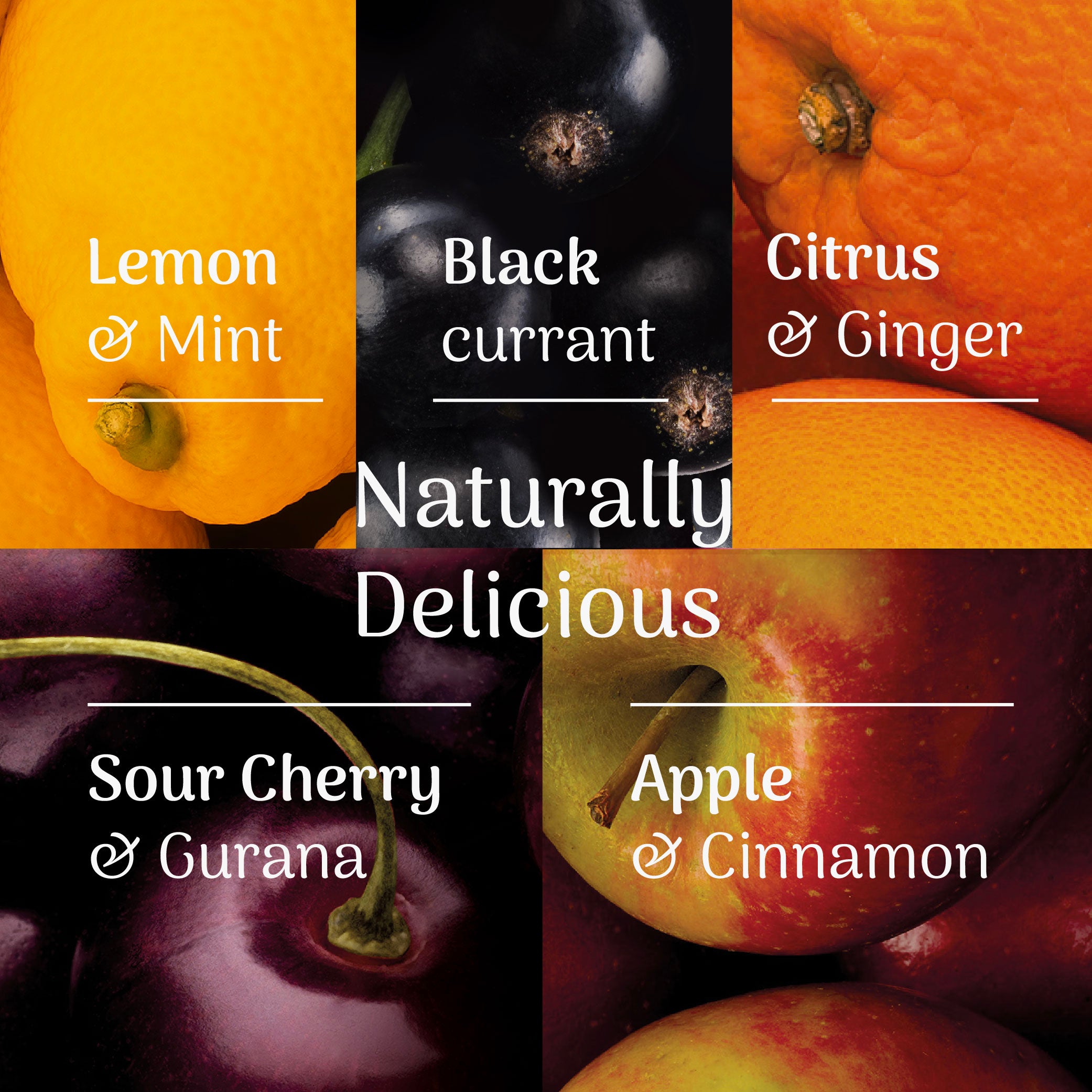 Collage of fruits with flavour descriptions below.