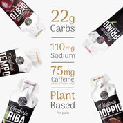 Veloforte energy gels with nutritional information on a white background
