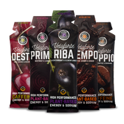 Five Veloforte energy gel packages with different flavours on a white background