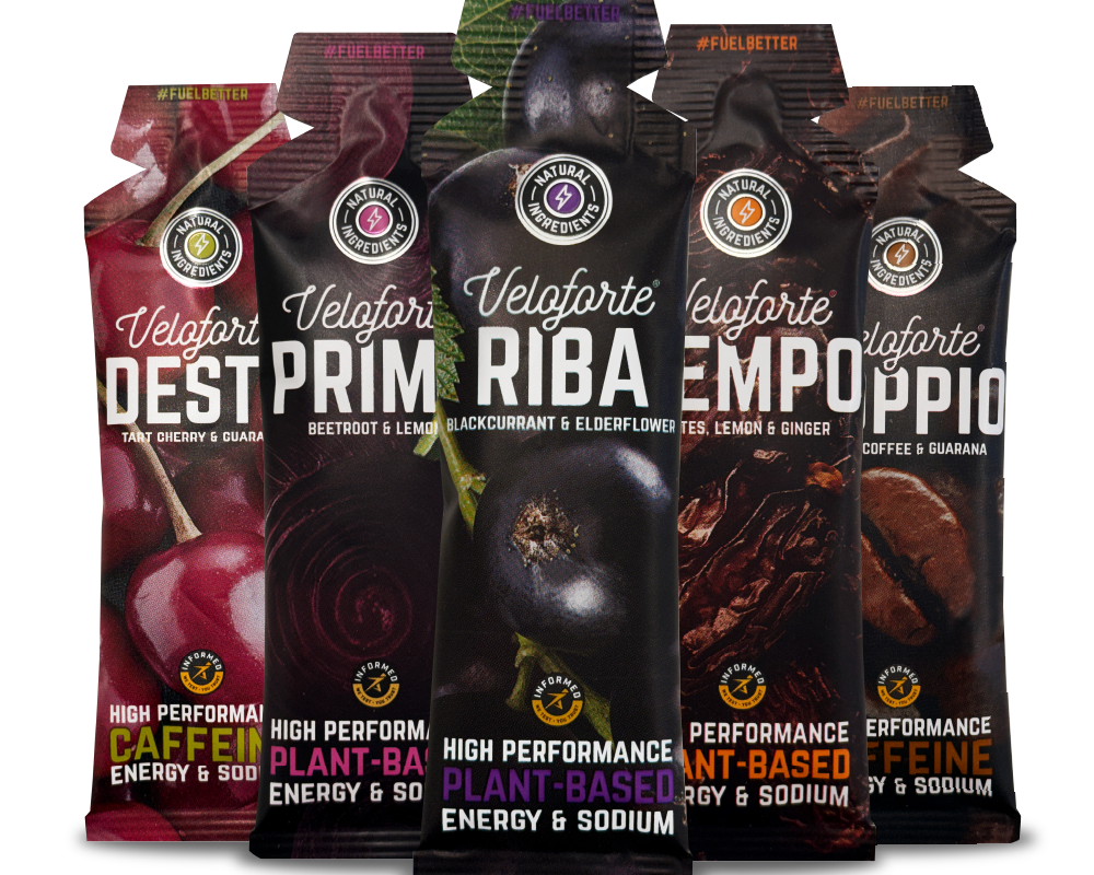 Five Veloforte energy gel packages with different flavours on a white background