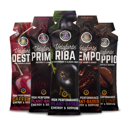 Five Veloforte energy gel packages with different flavours on a white background