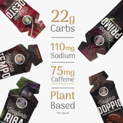 Mixed energy gels with nutritional information on a white background