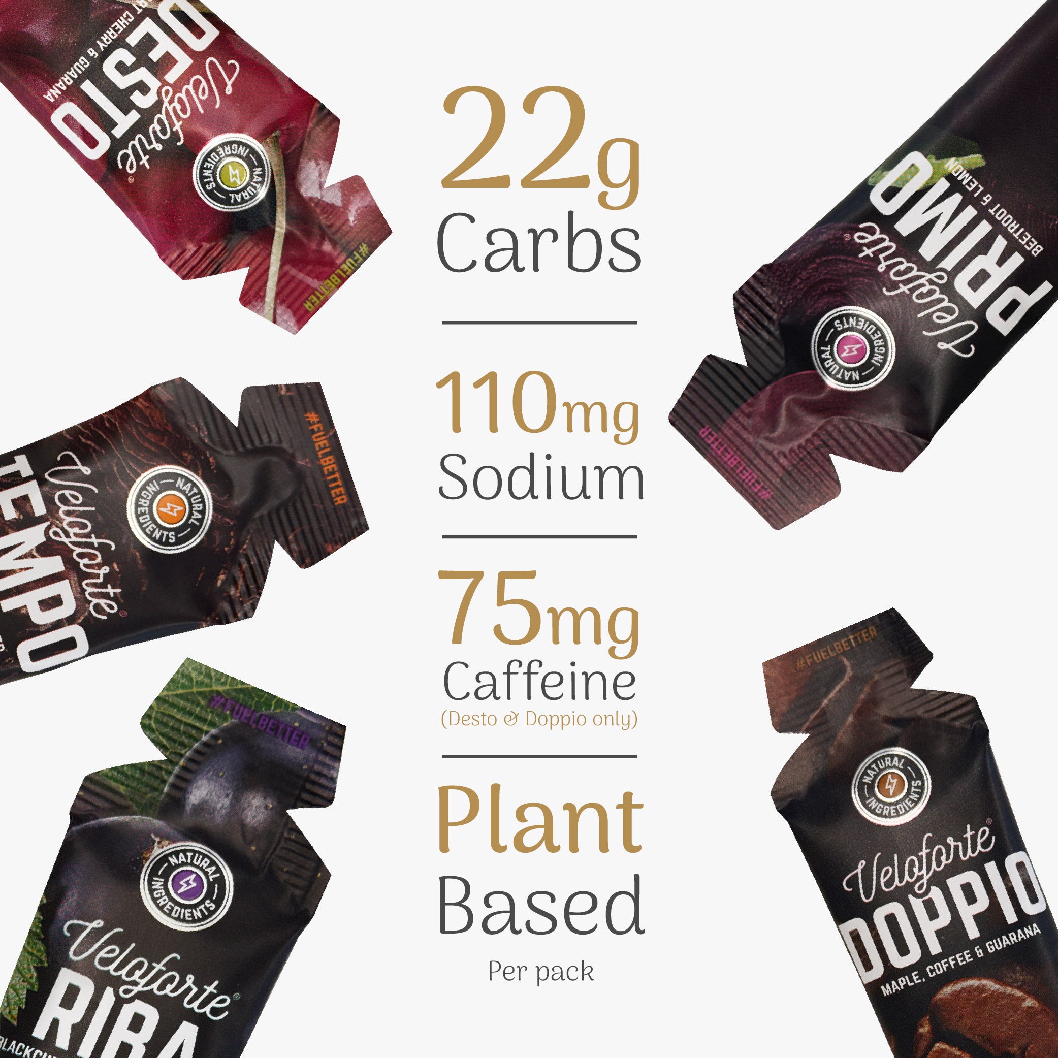 Mixed energy gels with nutritional information on a white background