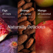 Veloforte oat snack bar flavour breakdown with fits, cocoa beans and mangos in the background