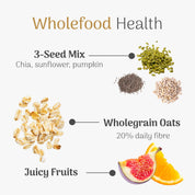 Veloforte oat snack bar ingredients showing 3 seed mix, wholegrain oats and figs and oranges
