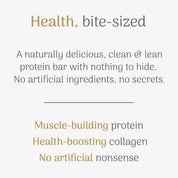 Text advertisement for Veloforte protein bars with health benefits and ingredient claims on a white background.