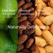 Three types of ingredients of the protein bars with labels for flavour profiles and a central 'Naturally Delicious' text.