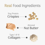Real food ingredients including soy protein crispies, almond nut butter, and type I & III collagen on a white background.