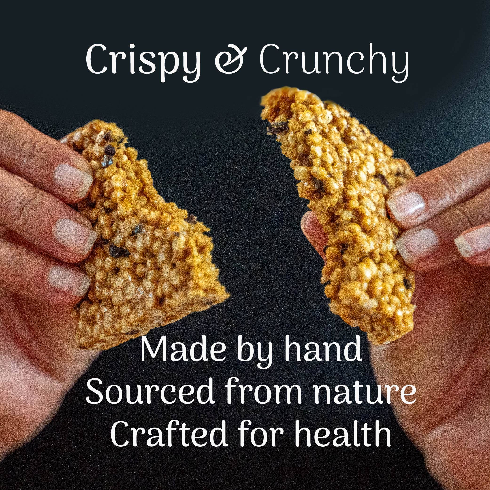 Two hands holding crispy and crunchy snacks with text about their origin and health benefits on a dark background.