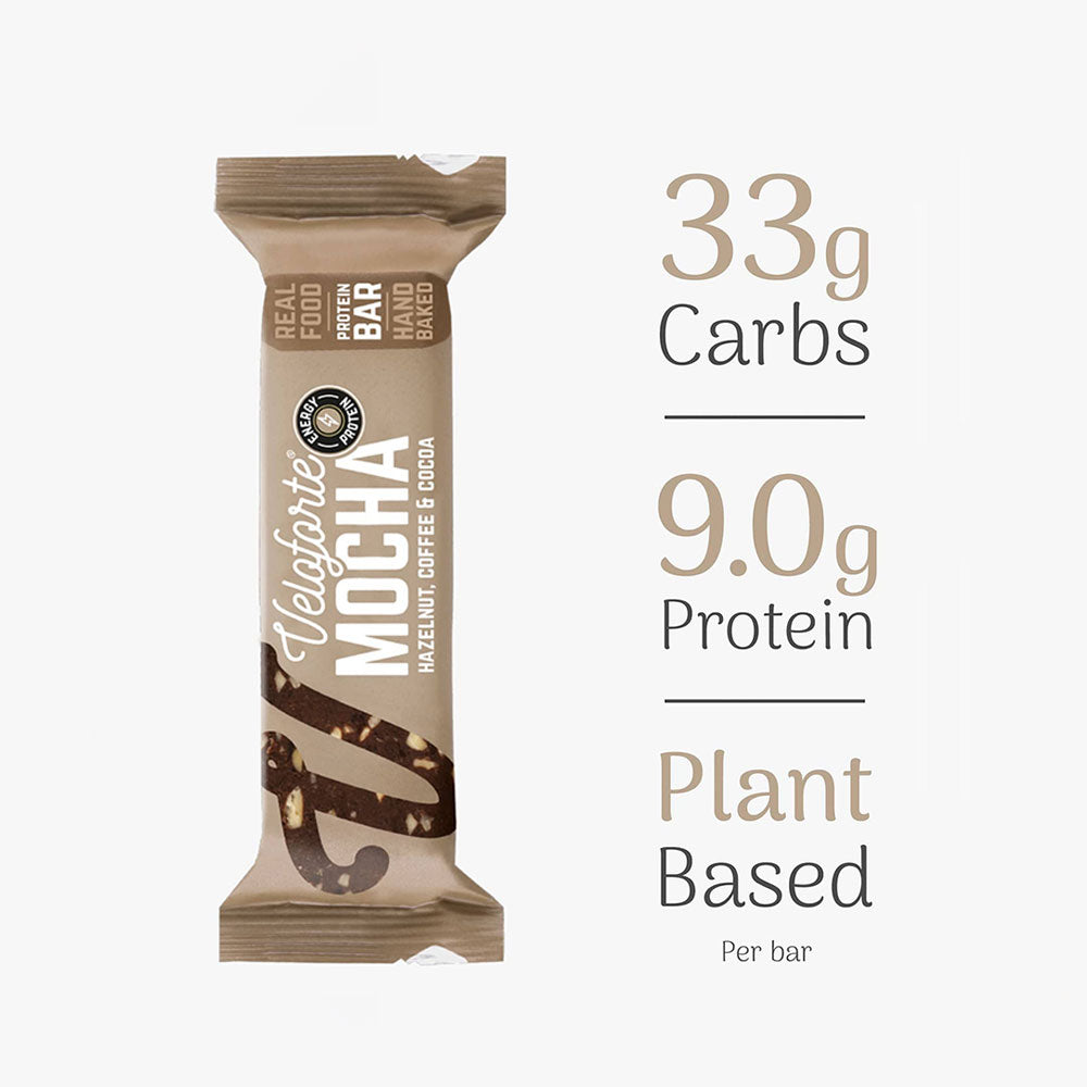 Veloforte Mocha recovery bar with nutritional information on a white background