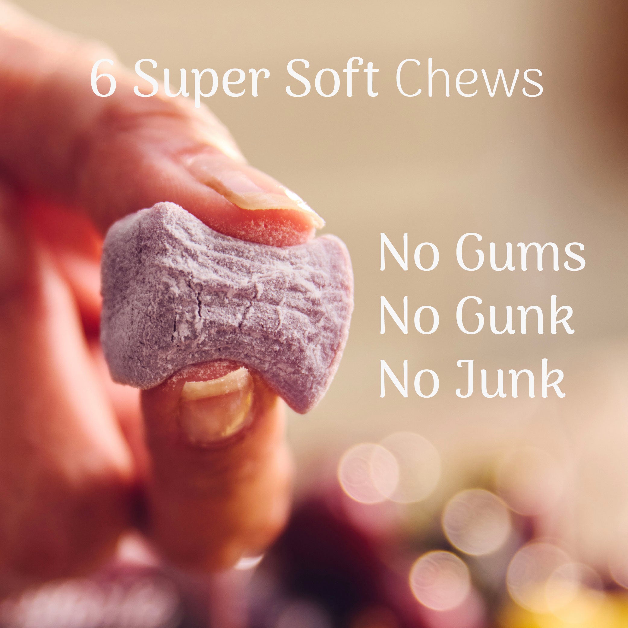 Hand holding a soft energy chew with text overlay