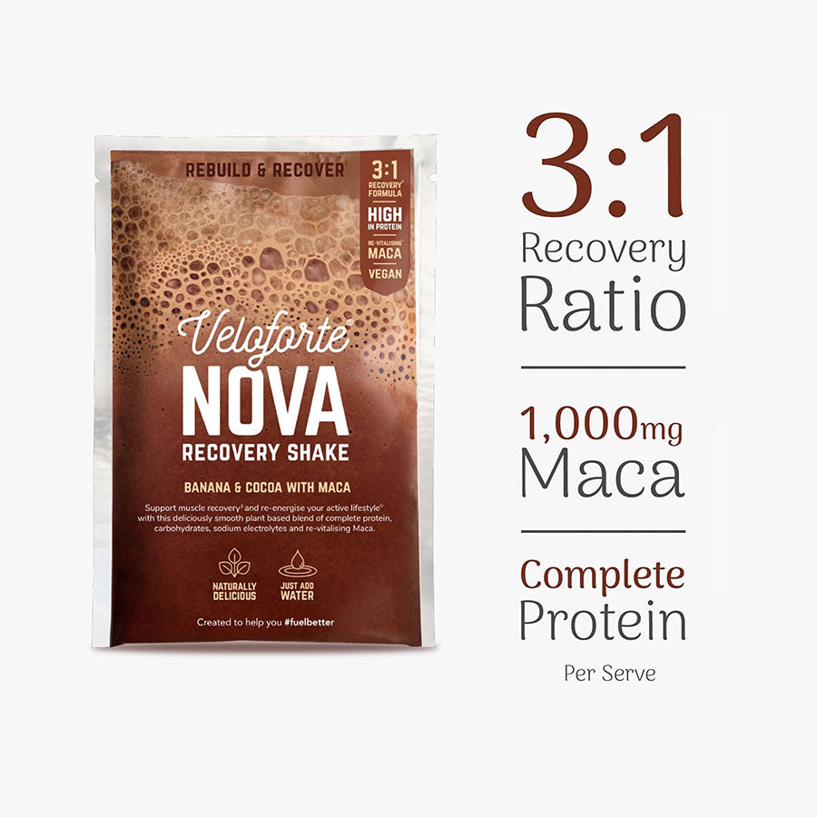 Veloforte Nova Recovery Shake package with text highlighting recovery ratio and maca content on a white background