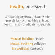 Advertisement for a the peanut & sea salt protein bar with health benefits and ingredient claims on a white background.