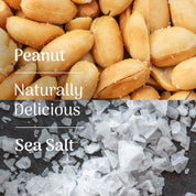 Peanuts with sea salt crystals and text 'Naturally Delicious'.