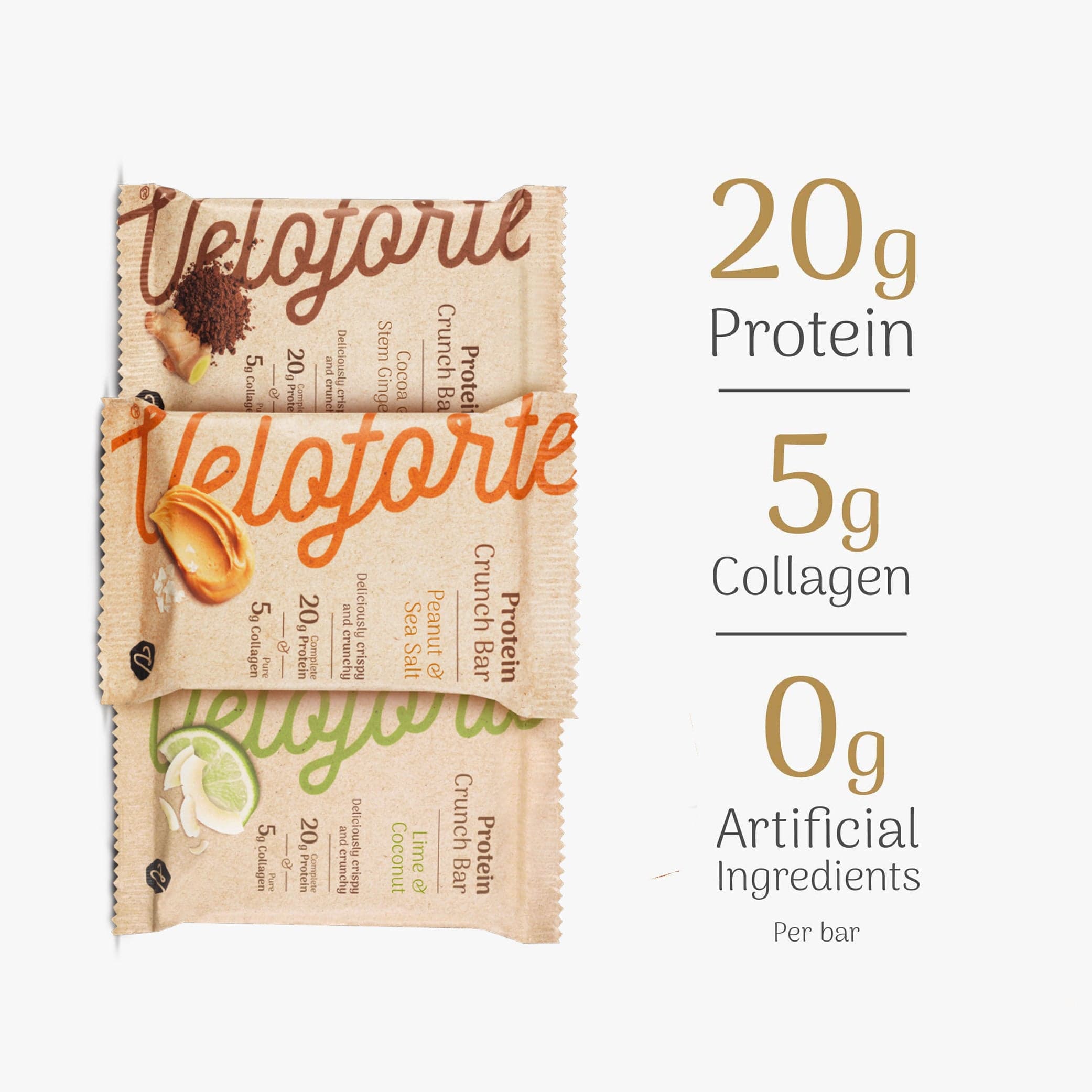 Veloforte hight protein bar packaging with nutritional information on a white background