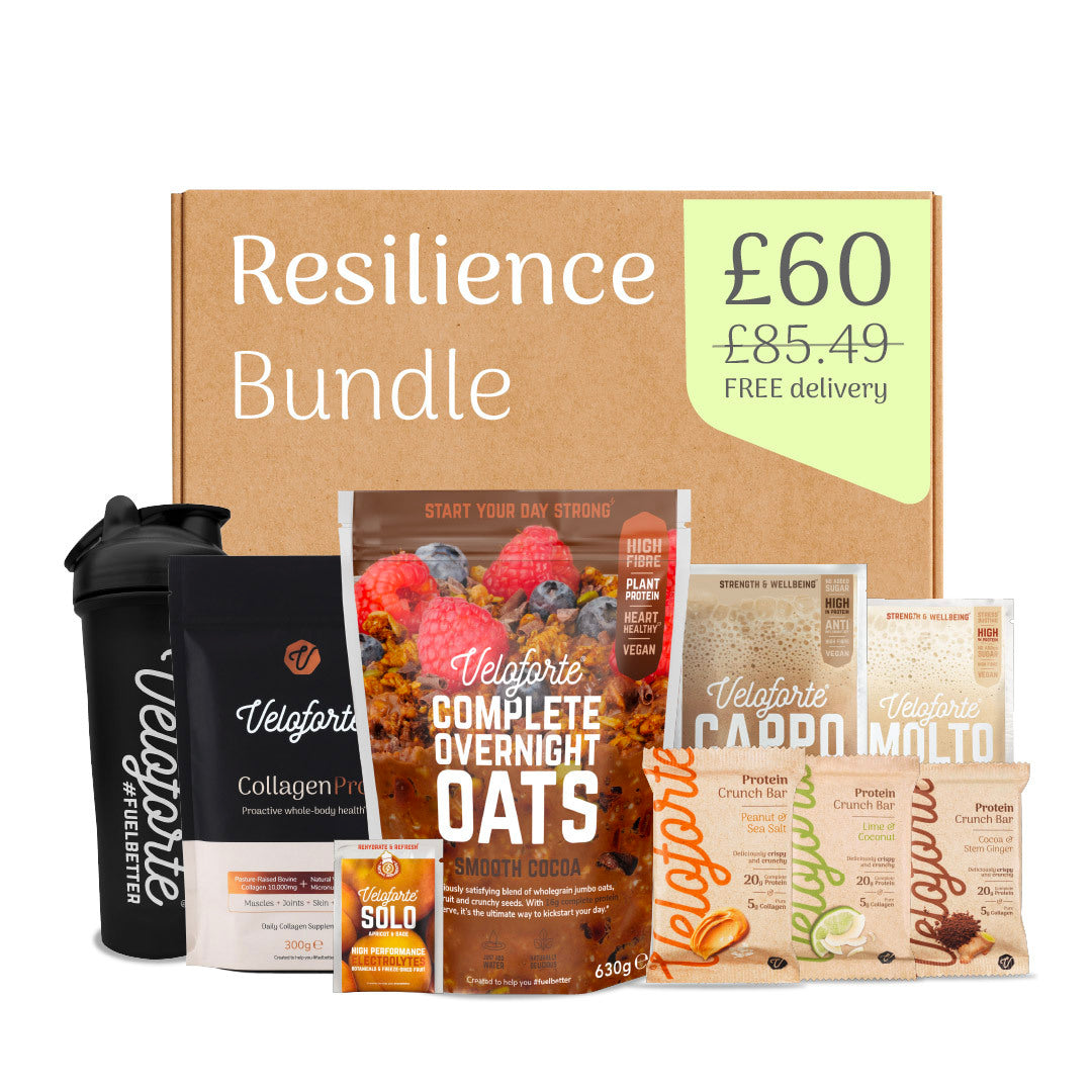 Resilience Bundle with Veloforte products including a shaker, protein bars, collagen, protein powders and overnight oats on a white background.
