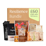 Resilience Bundle with Veloforte products including a shaker, protein bars, collagen, protein powders and overnight oats on a white background.