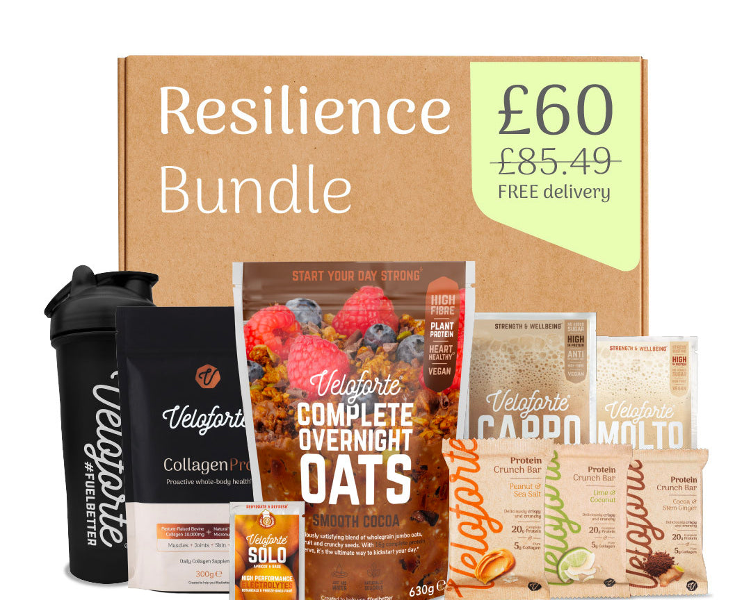 Resilience Bundle with Veloforte products including a shaker, protein bars, collagen, protein powders and overnight oats on a white background.