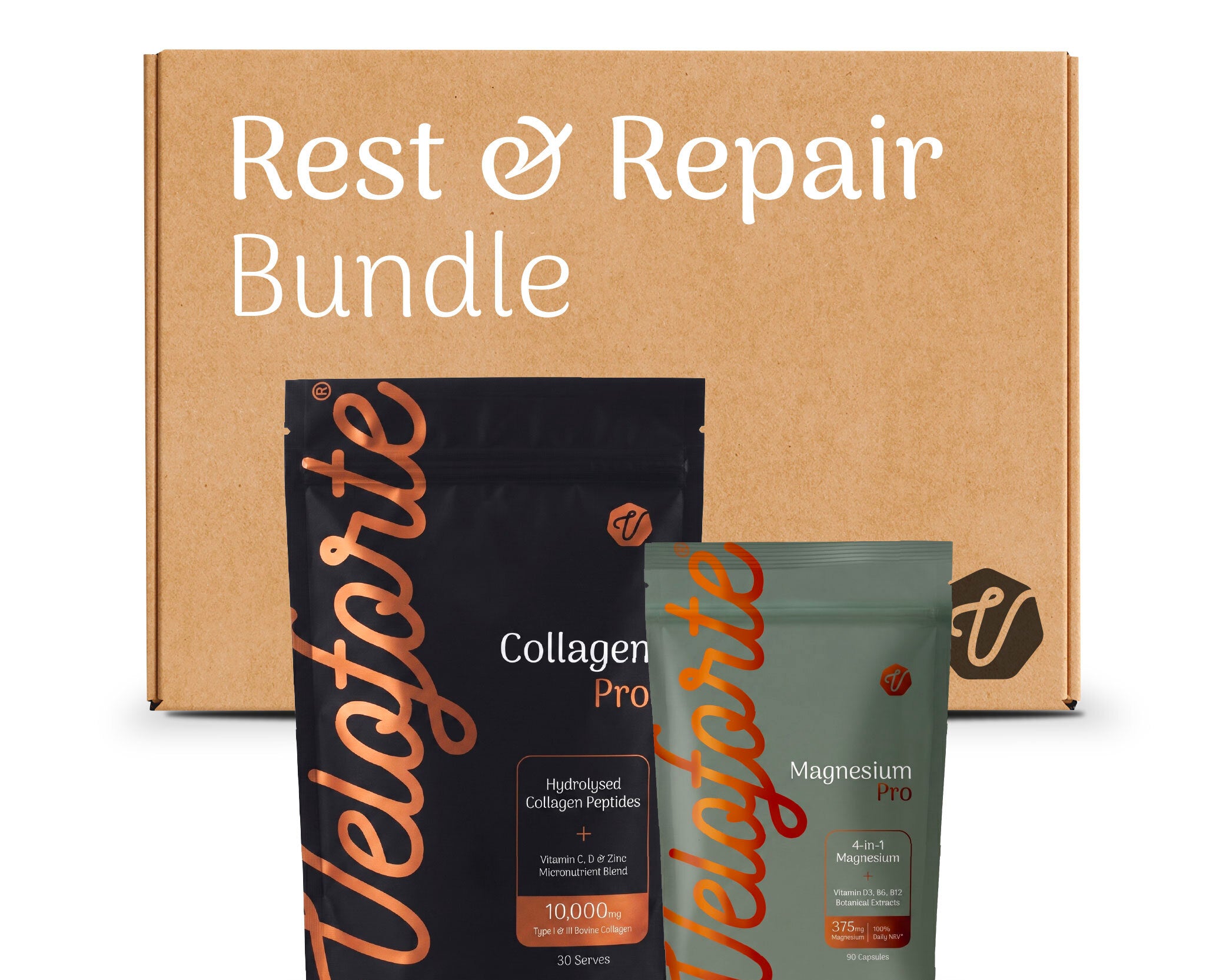 Veloforte Rest & Repair Bundle with collagen and magnesium pouches in front of a cardboard box