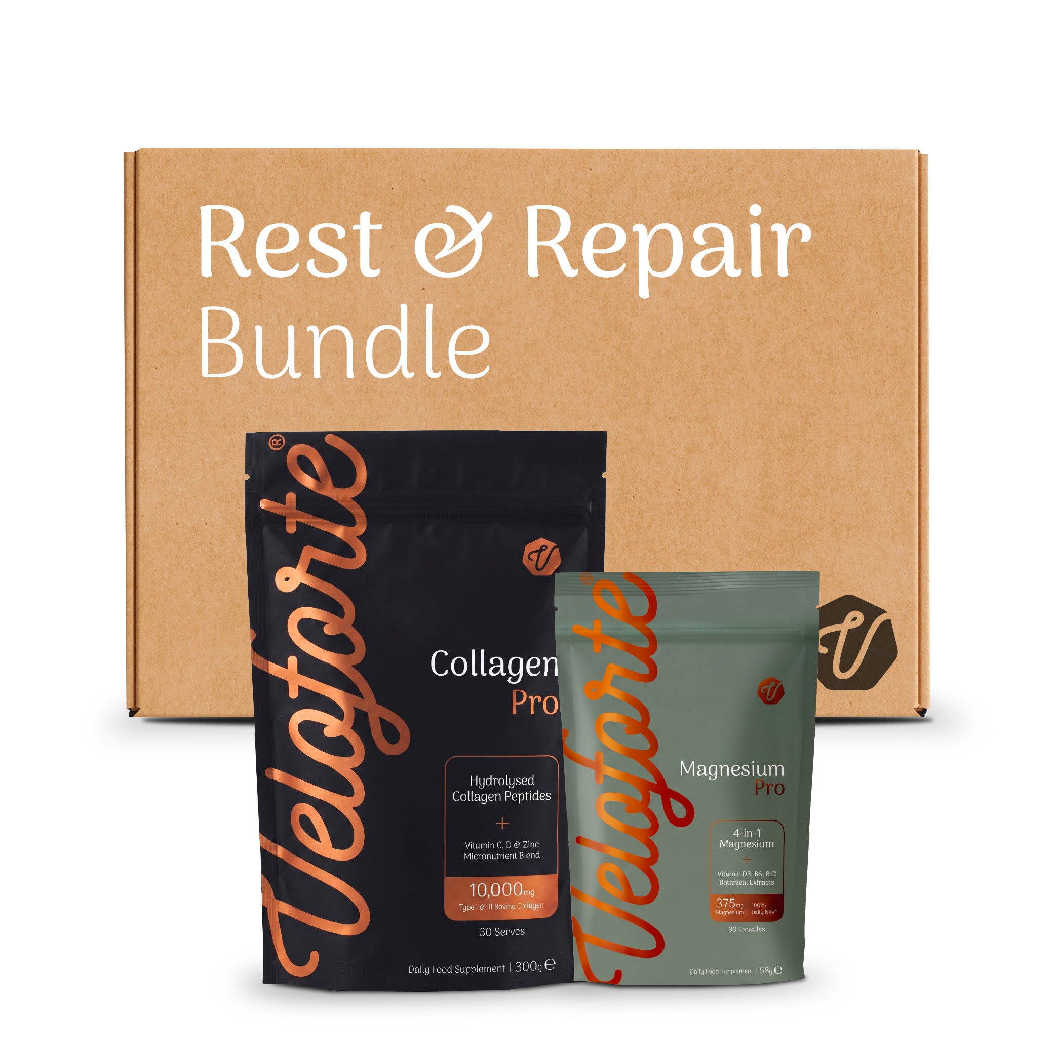 Veloforte Rest & Repair Bundle with collagen and magnesium pouches in front of a cardboard box