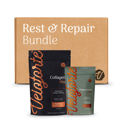 Veloforte Rest & Repair Bundle with collagen and magnesium pouches in front of a cardboard box