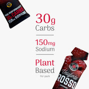 Veloforte Rosso raspberry energy gel packaging with nutritional information on a white background