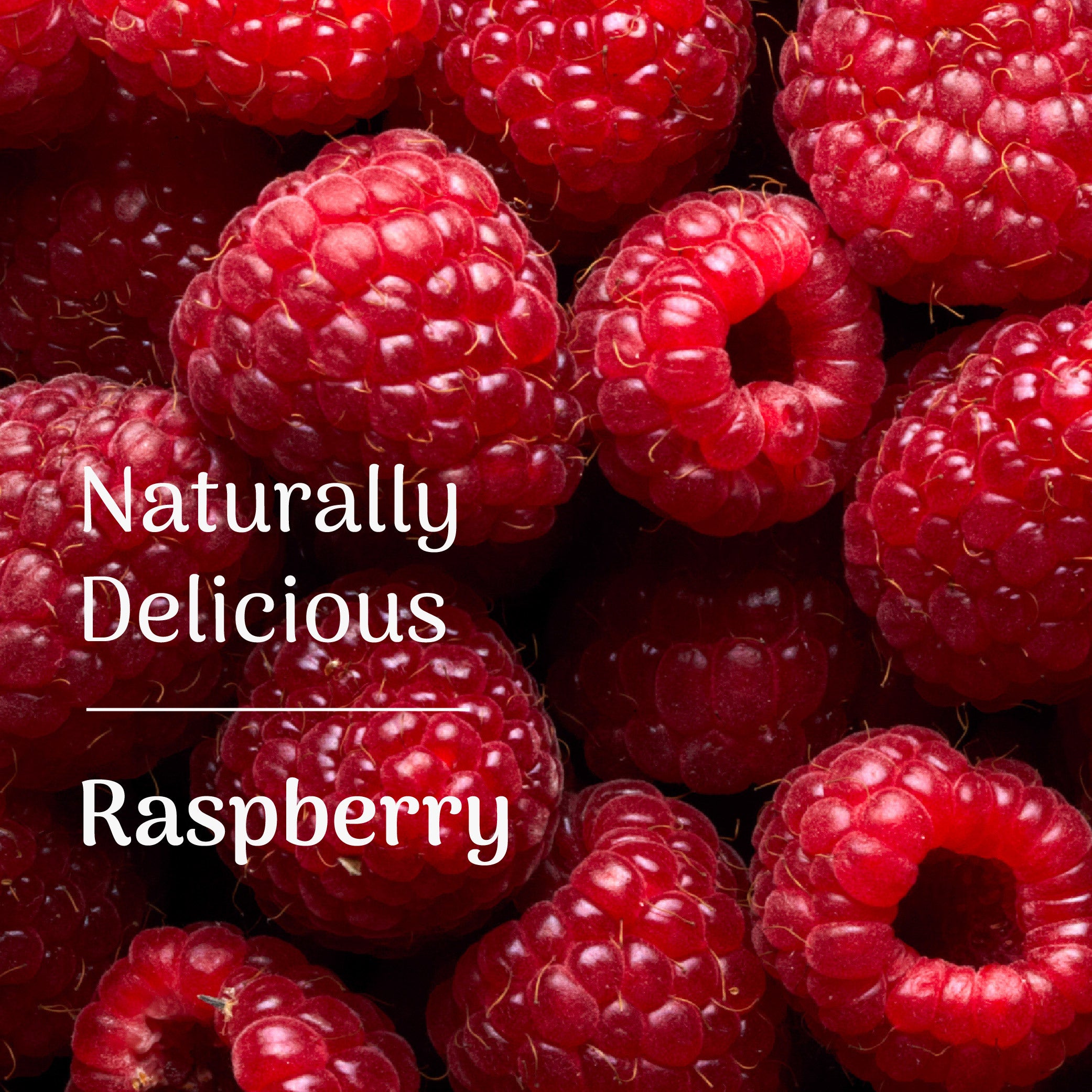 Close-up of raspberries with the text 'Naturally Delicious Raspberry'.