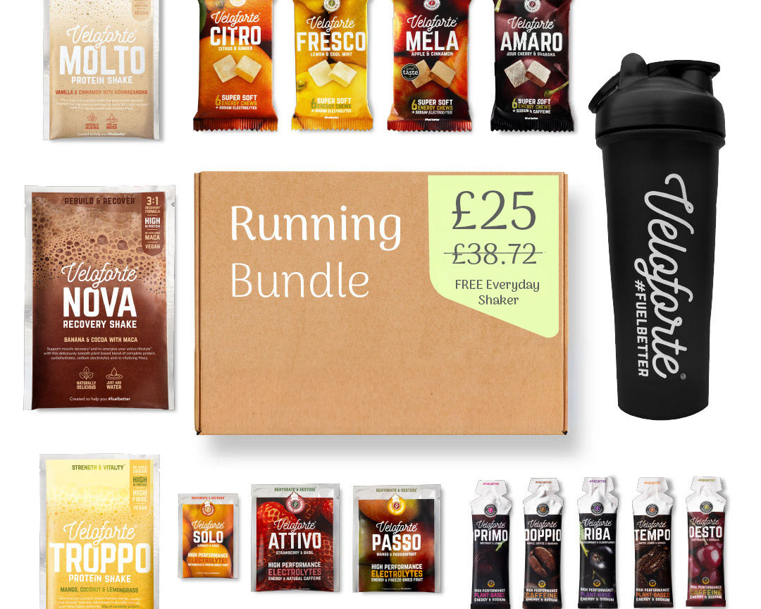 Veloforte Running Bundle with mixed energy chews, gels and electrolytes and protein powders and shaker