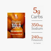 Veloforte solo apricot & sage electrolyte package with nutritional information on a white background 