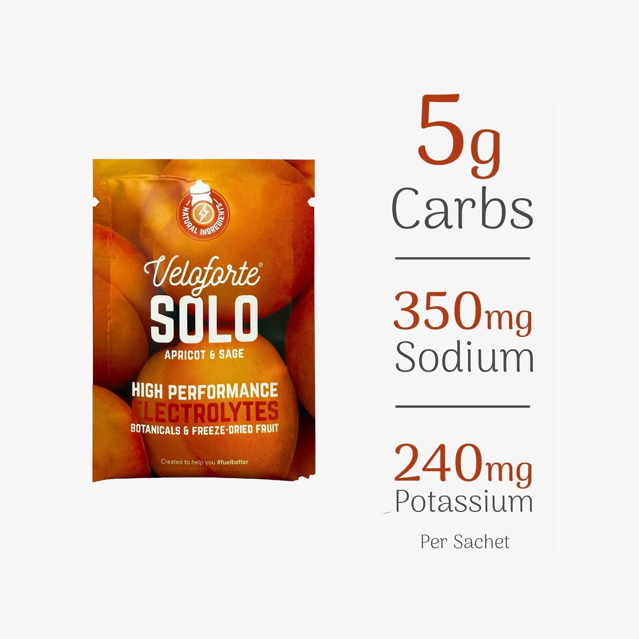 Veloforte solo apricot & sage electrolyte package with nutritional information on a white background 