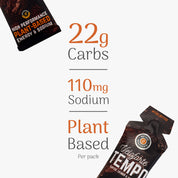 Temp energy gel packaging with nutritional information and branding on a white background