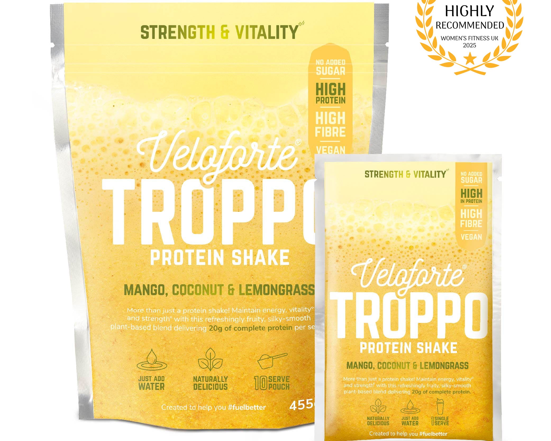 Two packages of Veloforte Troppo Protein Shake on a white background with a 'Highly Recommended' badge.