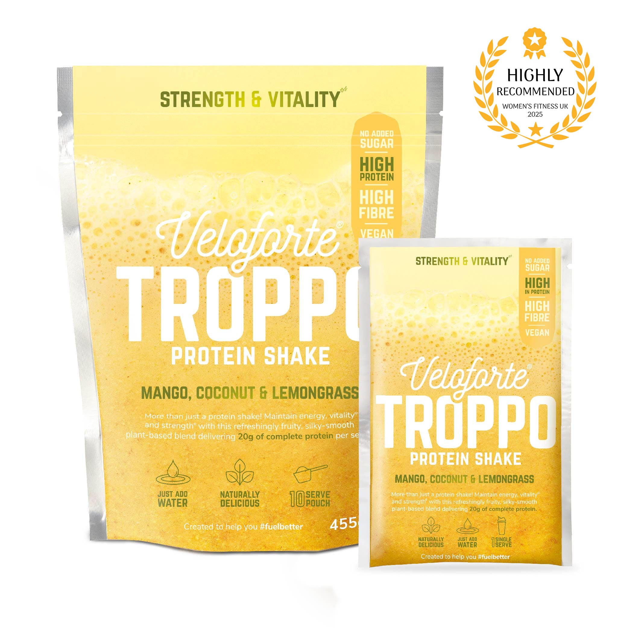 Two packages of Veloforte Troppo Protein Shake on a white background with a 'Highly Recommended' badge.