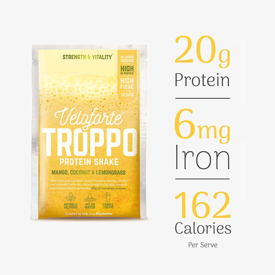 Veloforte Troppo Protein Shake package with nutritional information on a white background