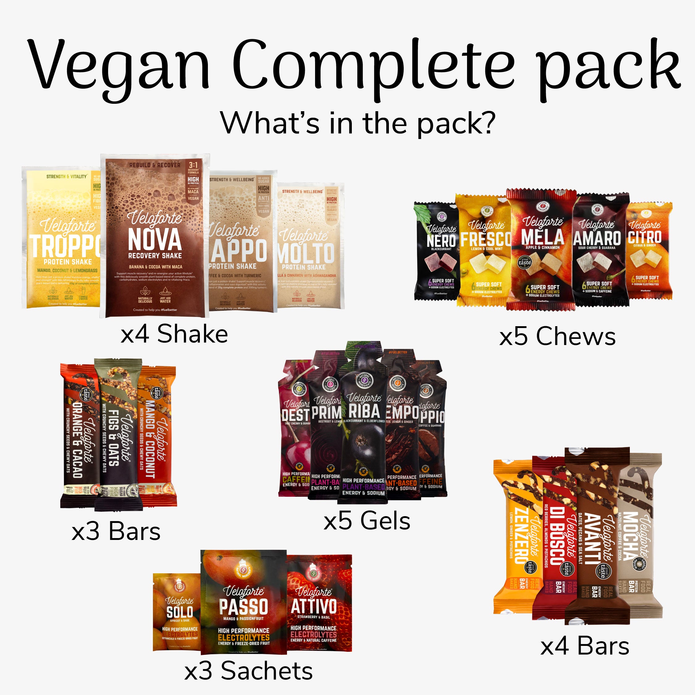 Vegan Complete pack with various products including shakes, chews, bars, and sachets on a white background.