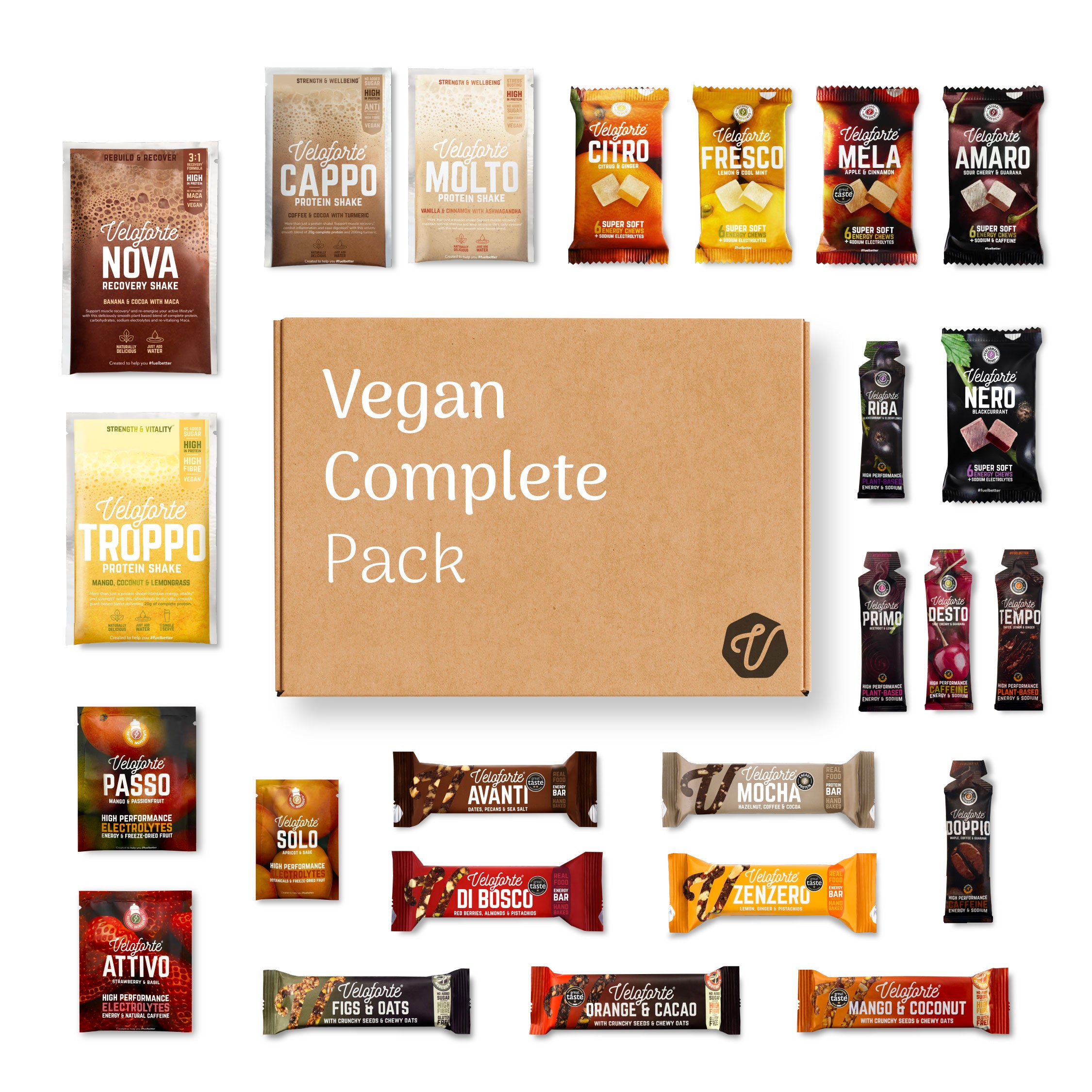 Vegan Complete Pack with various vegan snacks and bars displayed around a central cardboard box.