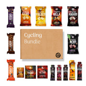 Cycling Bundle box surrounded by 16 gels, chews, bars and electrolyte drink mixes