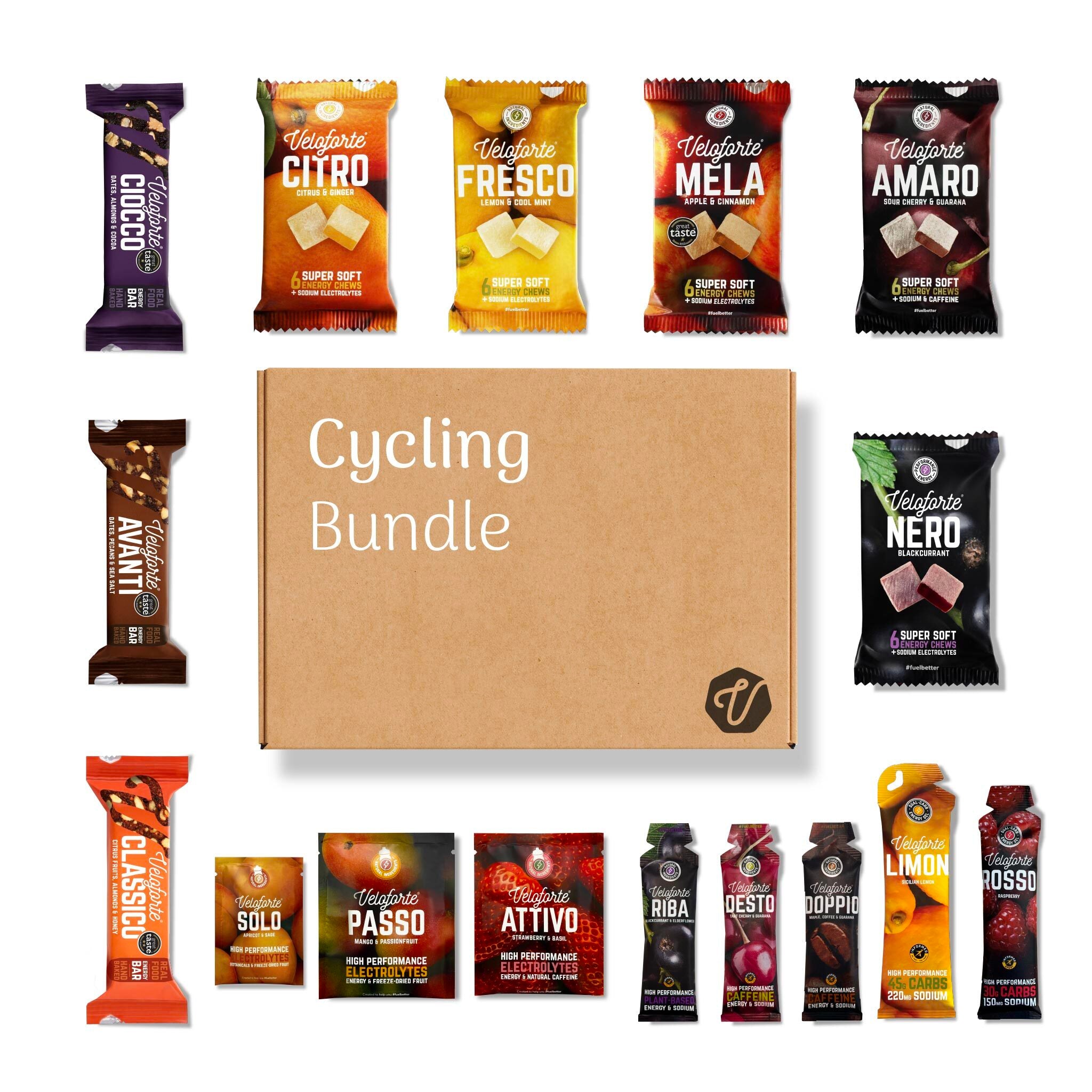 Cycling Bundle box surrounded by 16 gels, chews, bars and electrolyte drink mixes