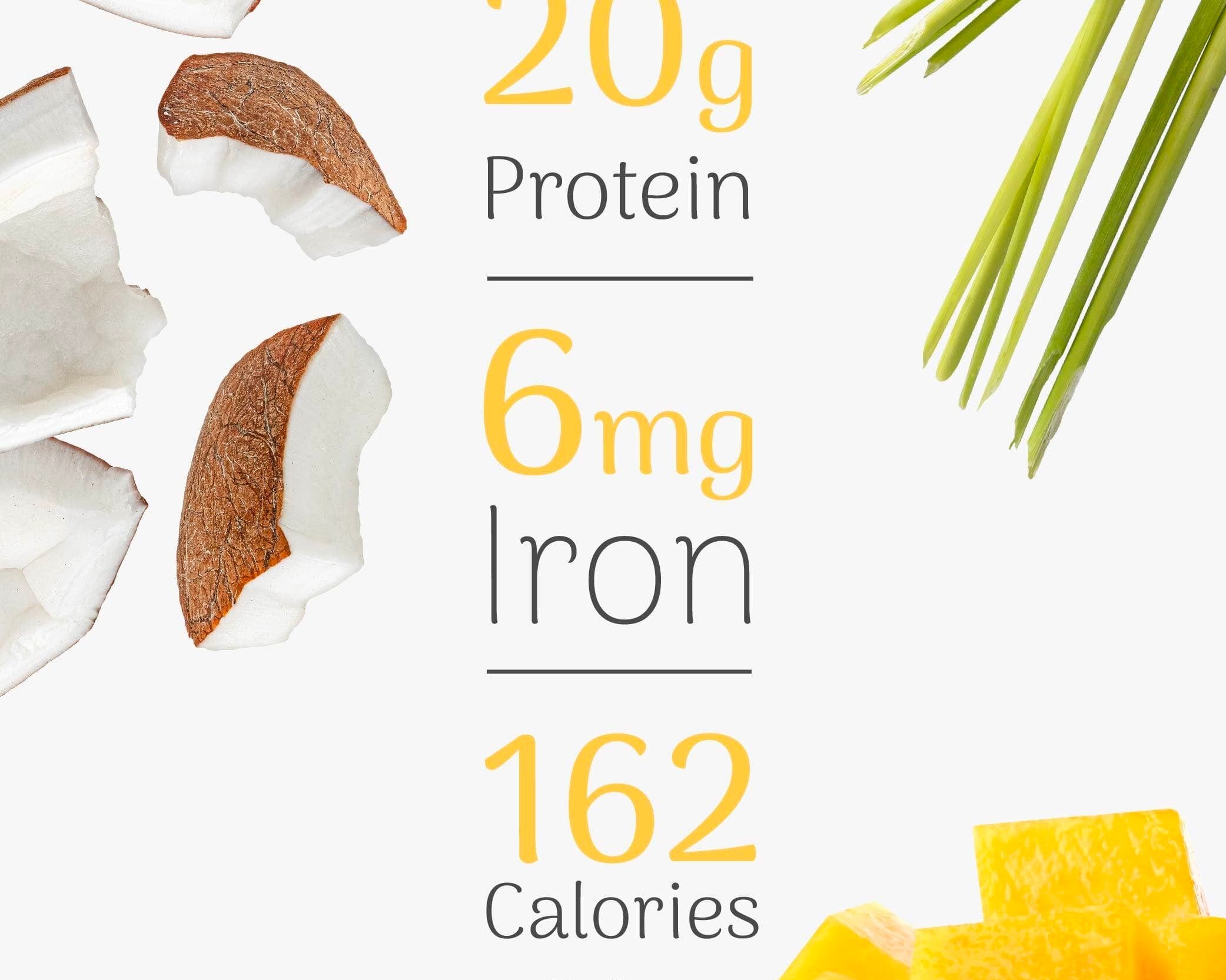 Nutritional information overlay on a background with coconut pieces, lemongrass, and mango.