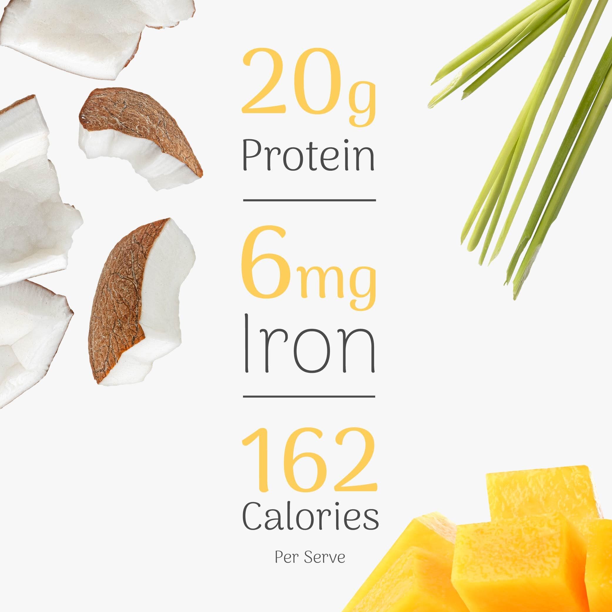 Nutritional information overlay on a background with coconut pieces, lemongrass, and mango.