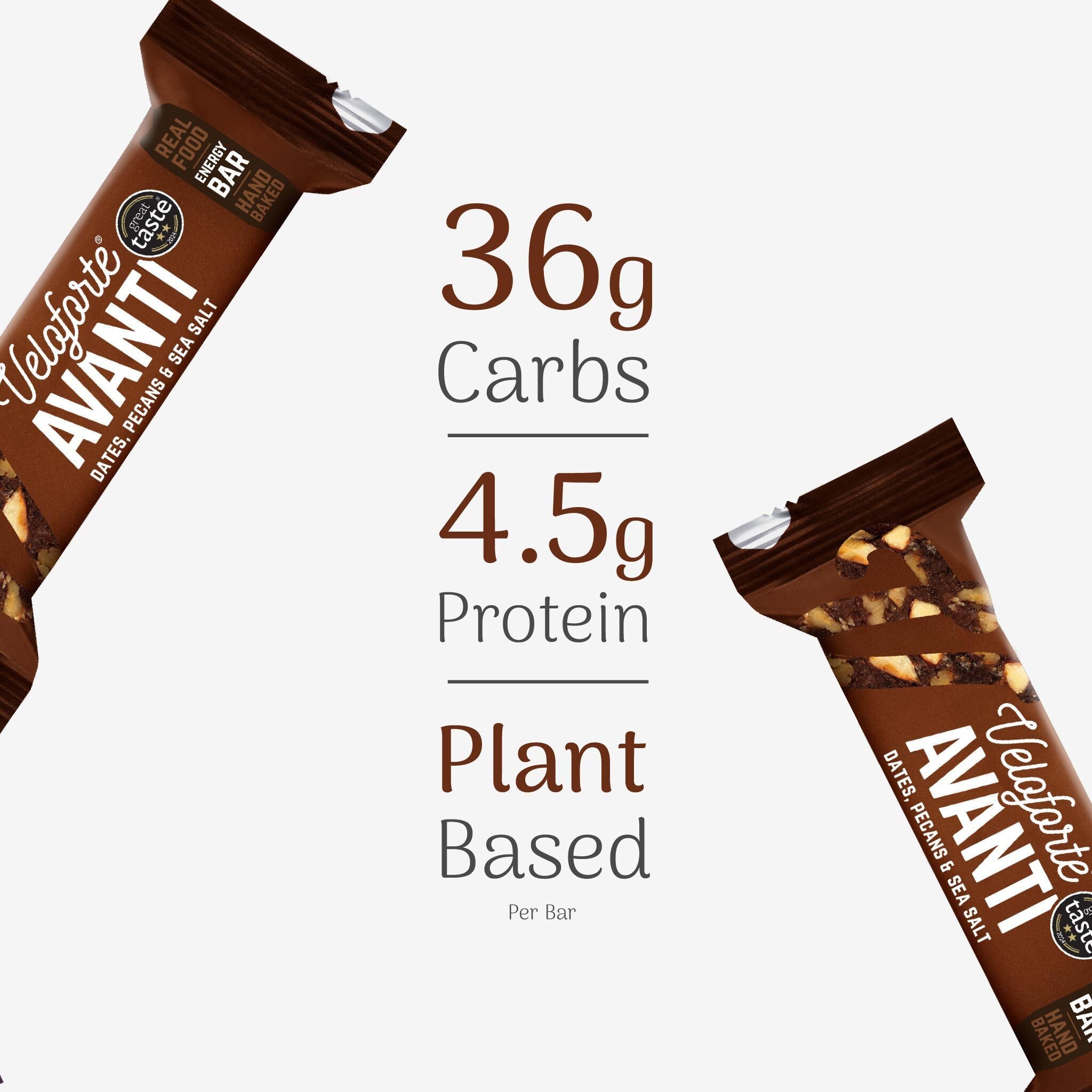 Veloforte Avanti energy bar with nutritional information on a white background