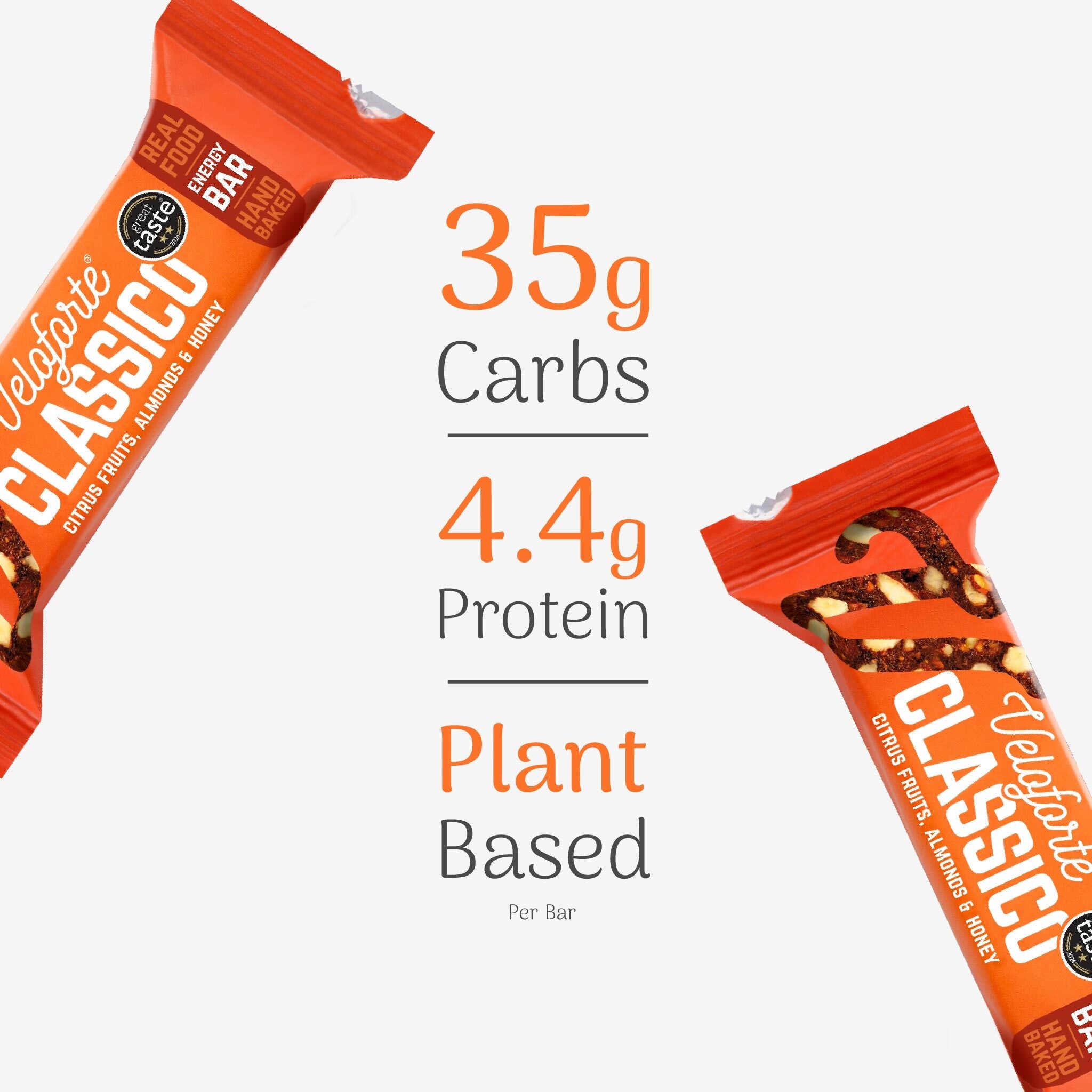 Veloforte Classico energy bar with nutritional information on a white background