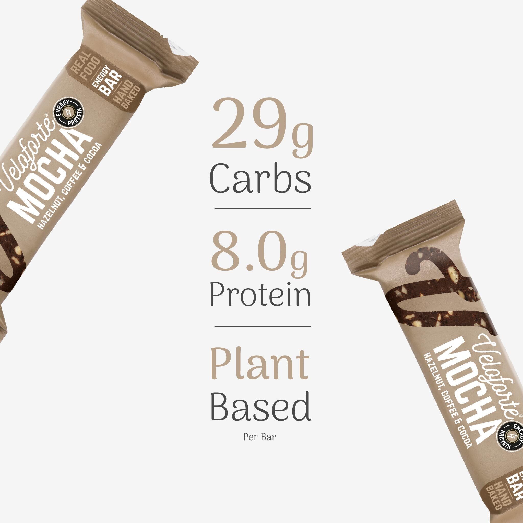 Veloforte Mocha energy bar with nutritional information on a white background