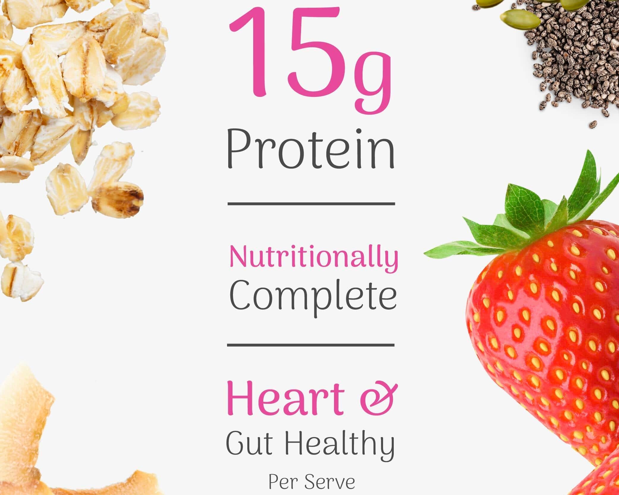 Nutritional label with protein content, heart and gut health benefits, and ingredients like strawberries and seeds on a white background.